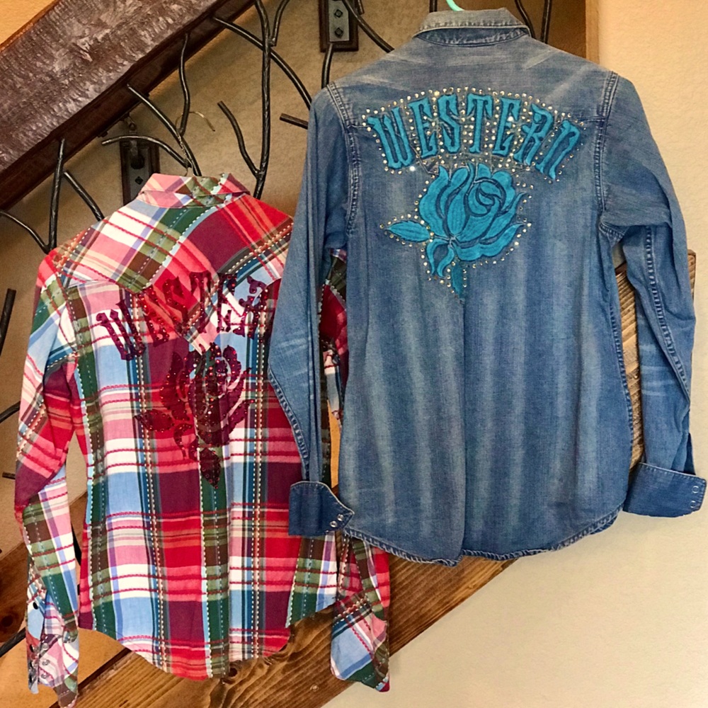Lot of 2 Western Denim Bank Shirts Red M Blue L